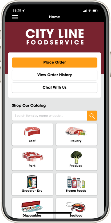 City Line Foodservice app interface for easy food ordering and browsing categories.