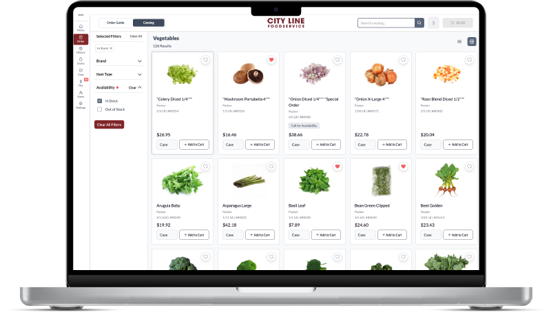 City Line Foodservice vegetable catalog interface for online grocery shopping and foodservice sourcing.